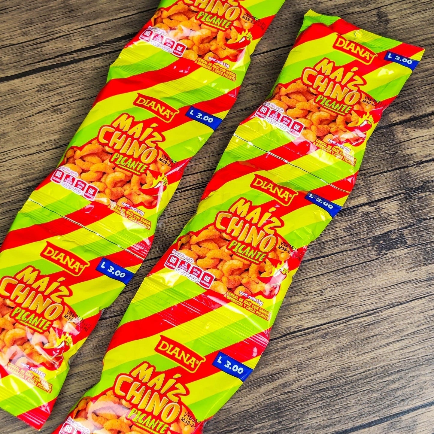 Maiz chino Picante. (6 unidades). Churros pequeños. 13g. Boquitas Diana