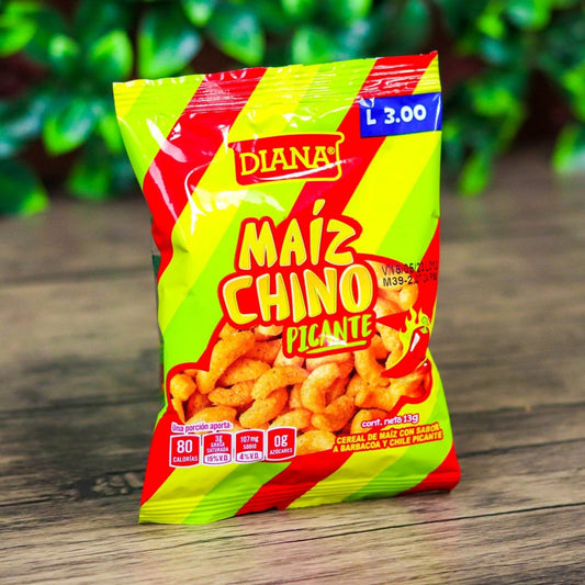 Maiz chino Picante. (6 unidades). Churros pequeños. 13g. Boquitas Diana