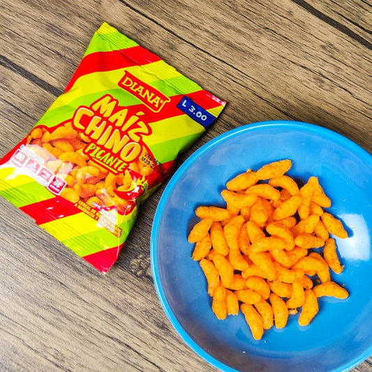 Maiz chino Picante. (6 unidades). Churros pequeños. 13g. Boquitas Diana